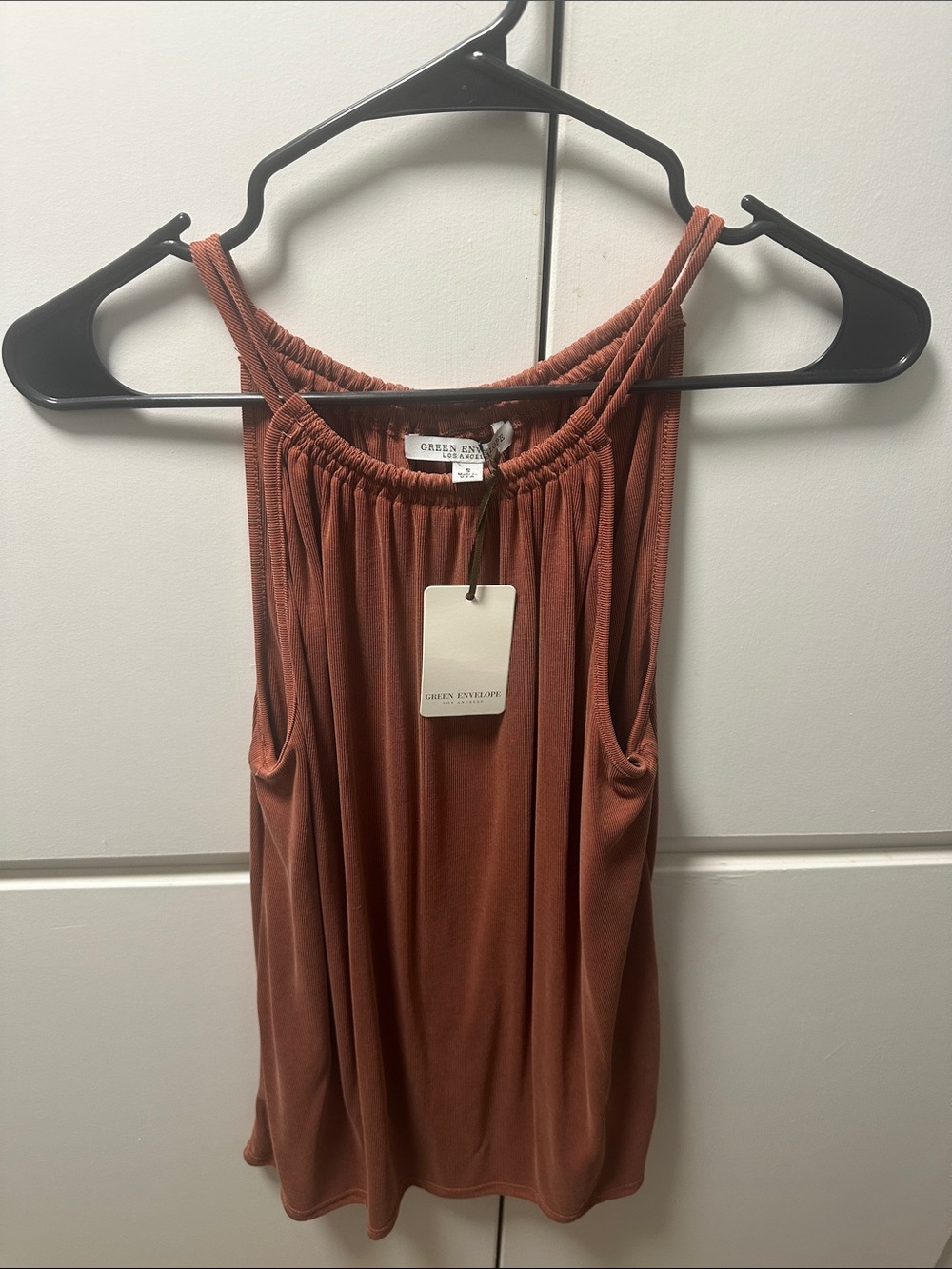 Green Envelope Rust Orange Sleeveless Gathered-Neck Camisole